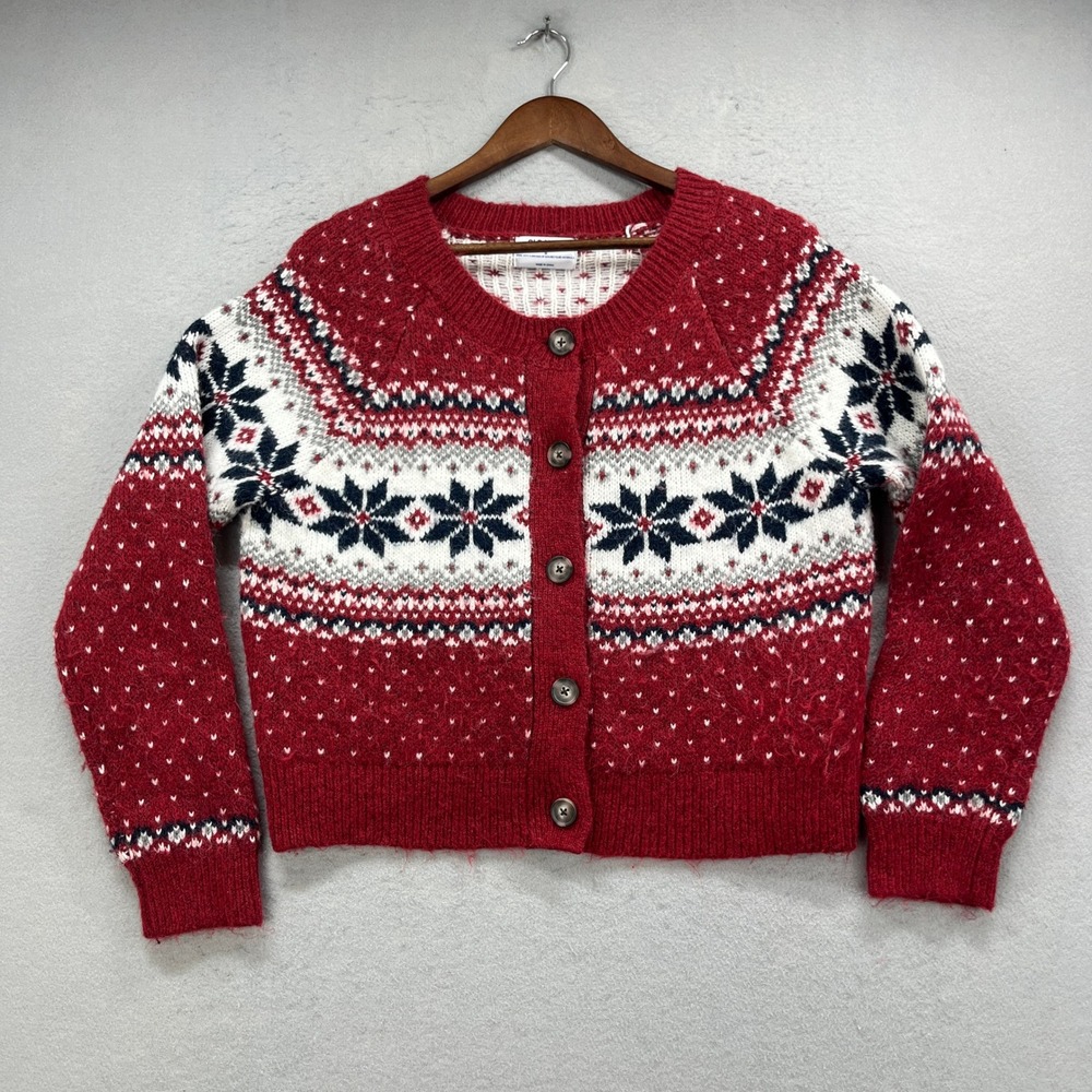 Old Navy Cardigan Sweater Womens M Red Fair Isle Snowflake Nordic Button Up Crop